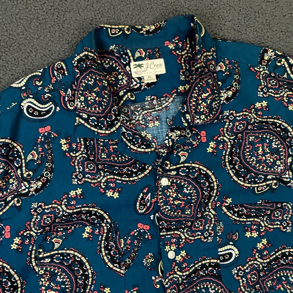 J.CREW Shirt Mens XL Blue Paisley Camp‎ Loop Collar Short Sleeve Summer Resort